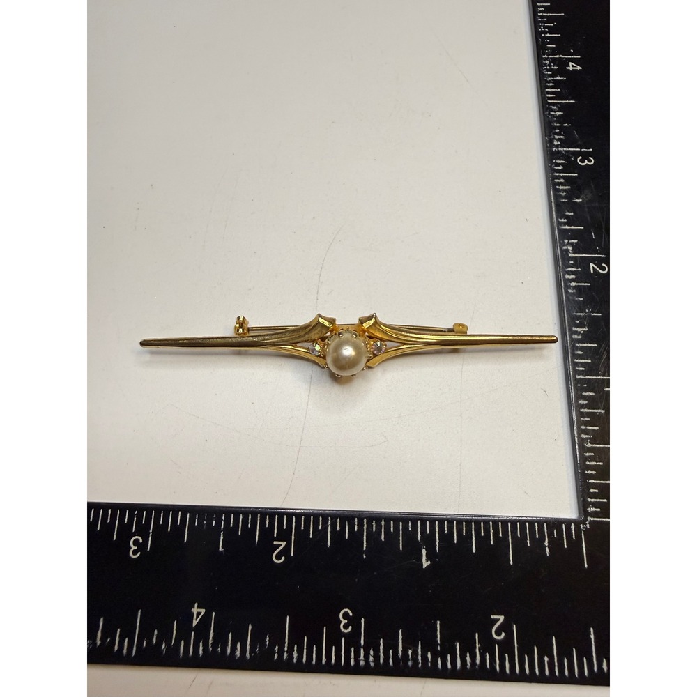 Vintage Made in Austria Gold Tone Faux Pearl Aurora Borealis Bar Brooch